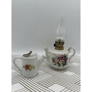 Vintage Mini Kerosene Oil Lamp & Water Can Porcelain teapot Roses gold accents